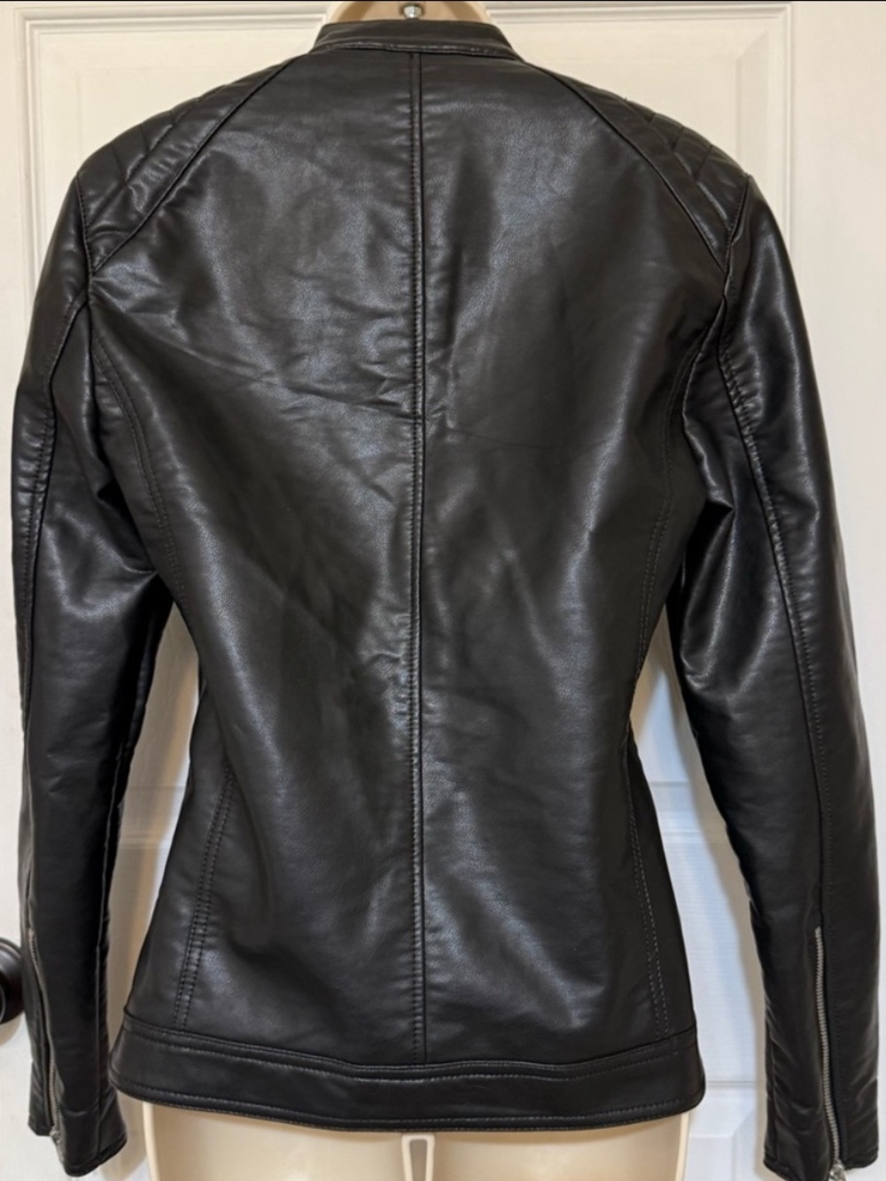 Zara Black Faux Leather Moto Jacket Quilted Shoulder Women S - Picture 4 of 10